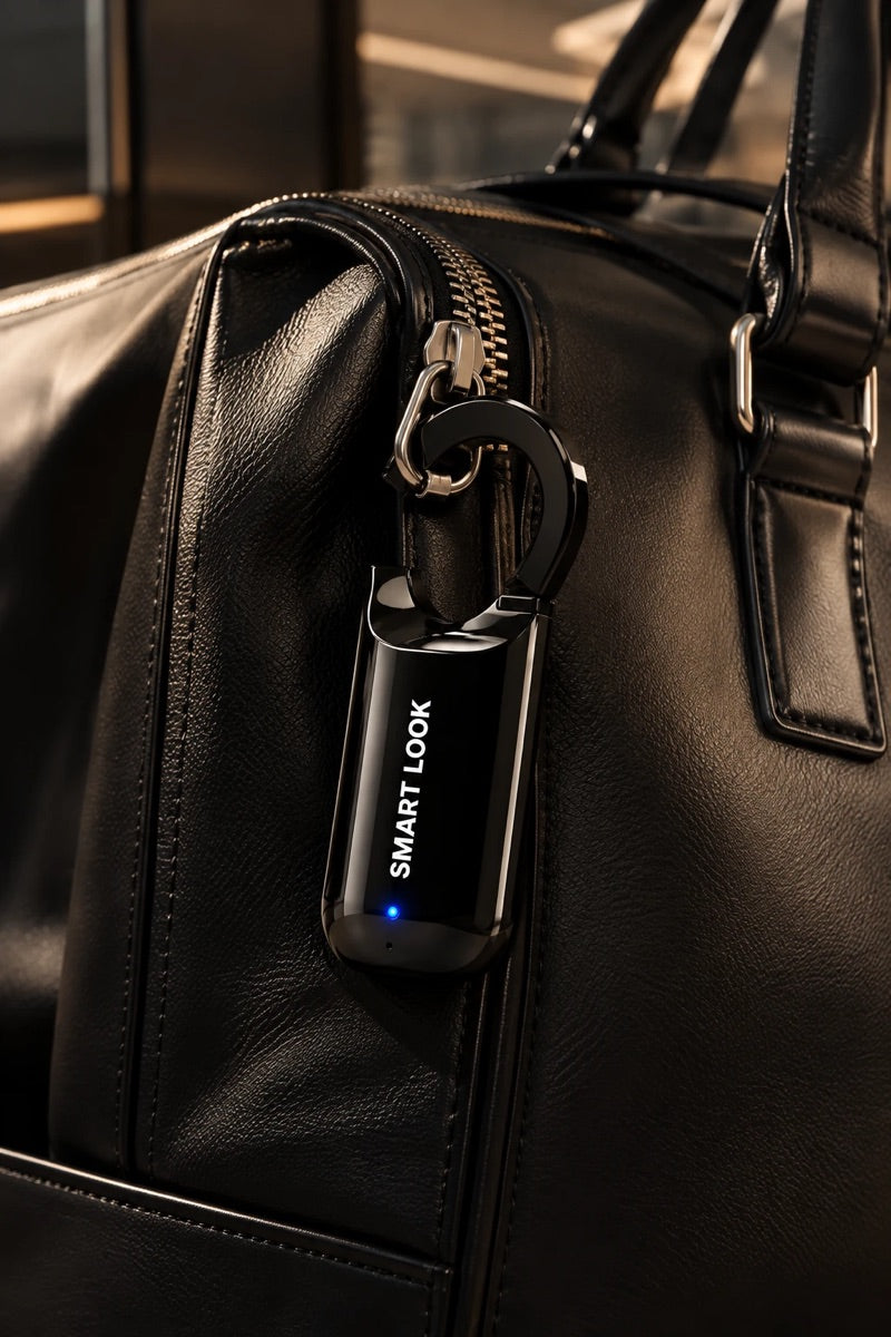 Black Smart Look lock hooked on the zipper of a black leather travel bag